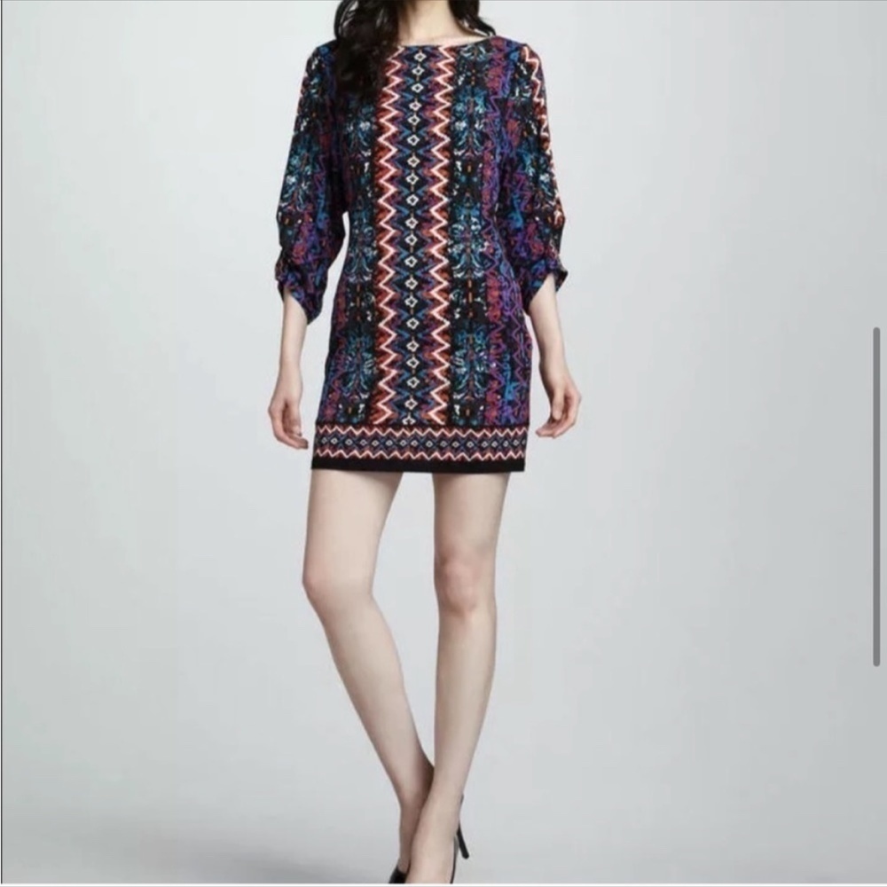 NWT Laundry Shift Dress Blue Jewel Multi Print Ruched 3/4 Sleeves Size 4